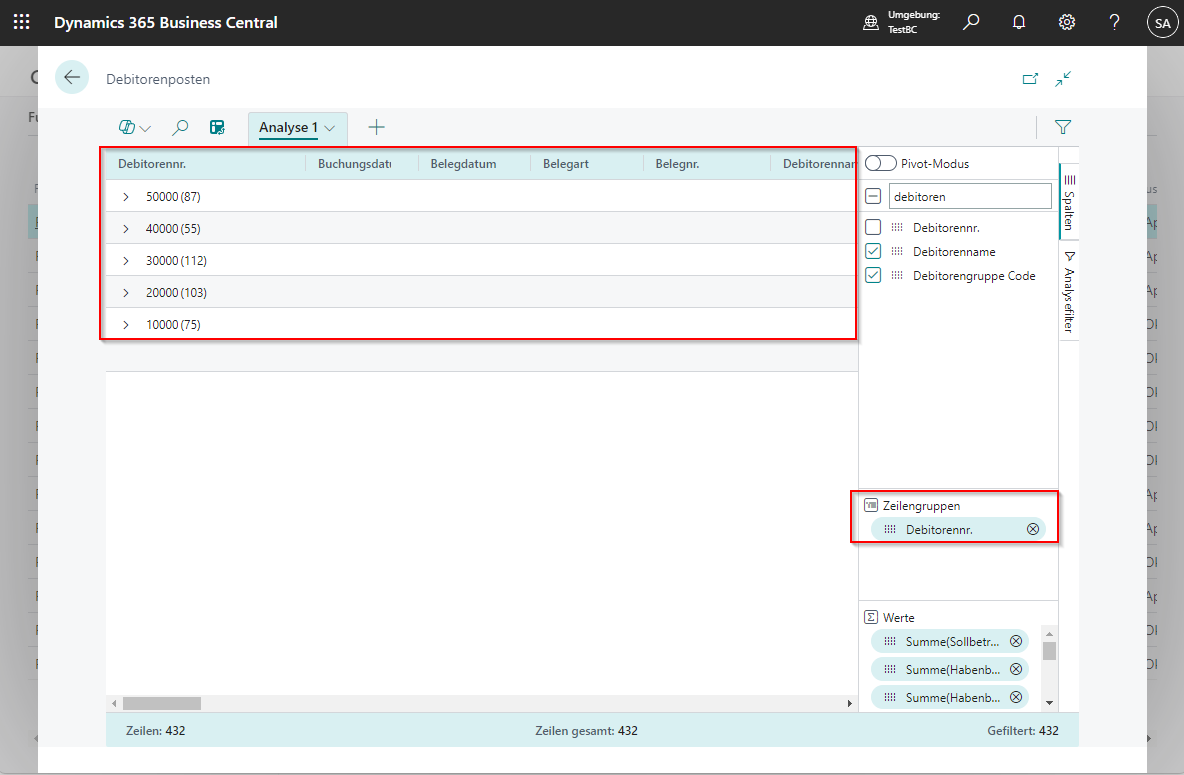 Bild 12, Liste in Analyse-Modus, Zeilengruppen und Summenwerte